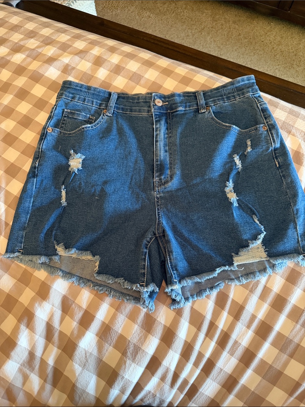 High-Rise Distressed Denim Shorts - Blue